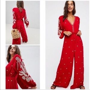 Free People Womens Wide-Leg Jumpsuit, Red, Small